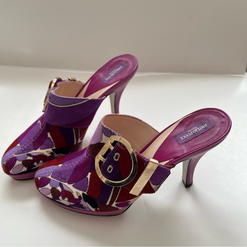 Emilio Pucci Purple Multicolor Patterned Mule Heels with Gold Buckle , Size 37